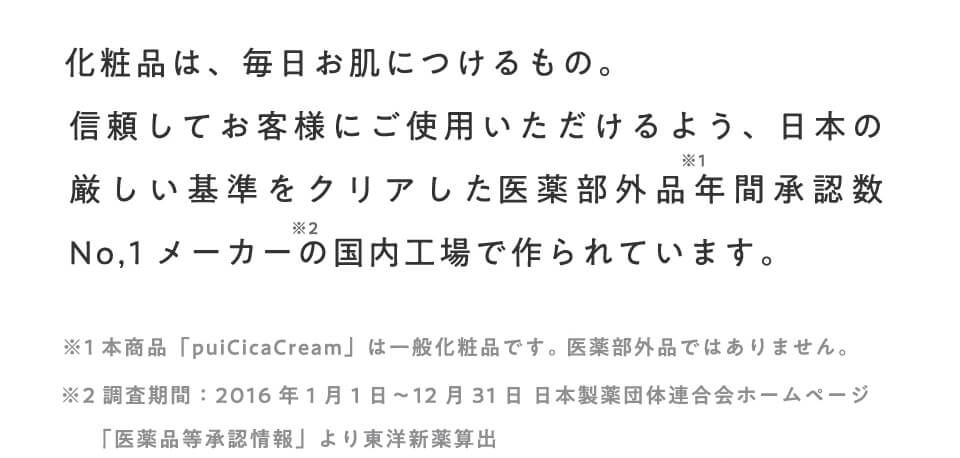 化粧品は、毎日お肌につけるもの。信頼してお客様にご使用いただけるよう、日本の厳しい基準をクリアした医薬部外品年間承認数No.1メーカーの国内工場で作られています。